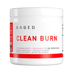 Kaged Clean Burn bottle front shows on-the-go energy-friendly packaging.