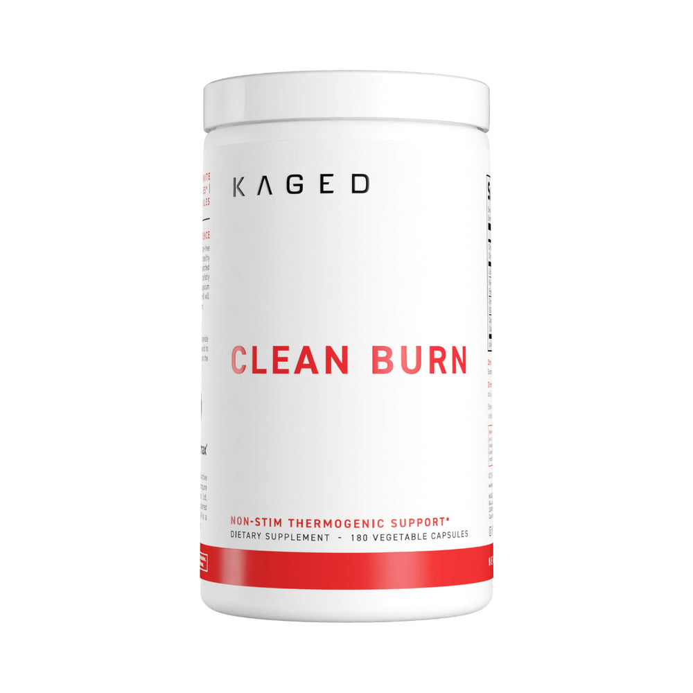 Kaged Clean Burn Capsules bottle front showing non-stimulant weight management support.