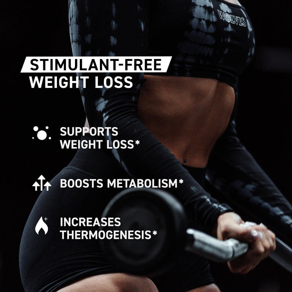 Packaging front showcases caffeine-free thermogenic option from Kaged for weight goals.