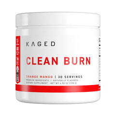 Kaged Clean Burn orange mango tub provides convenient thermogenic support for workouts.