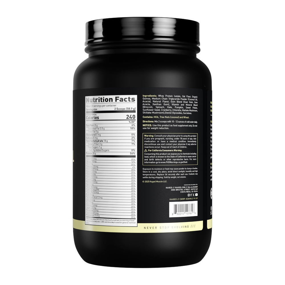 Kaged Clean Meal shake in glass with creamy vanilla flavor.