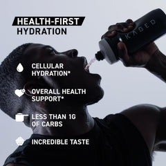 Close-up of Kaged Hydration label highlighting ingredients and antioxidant blend.