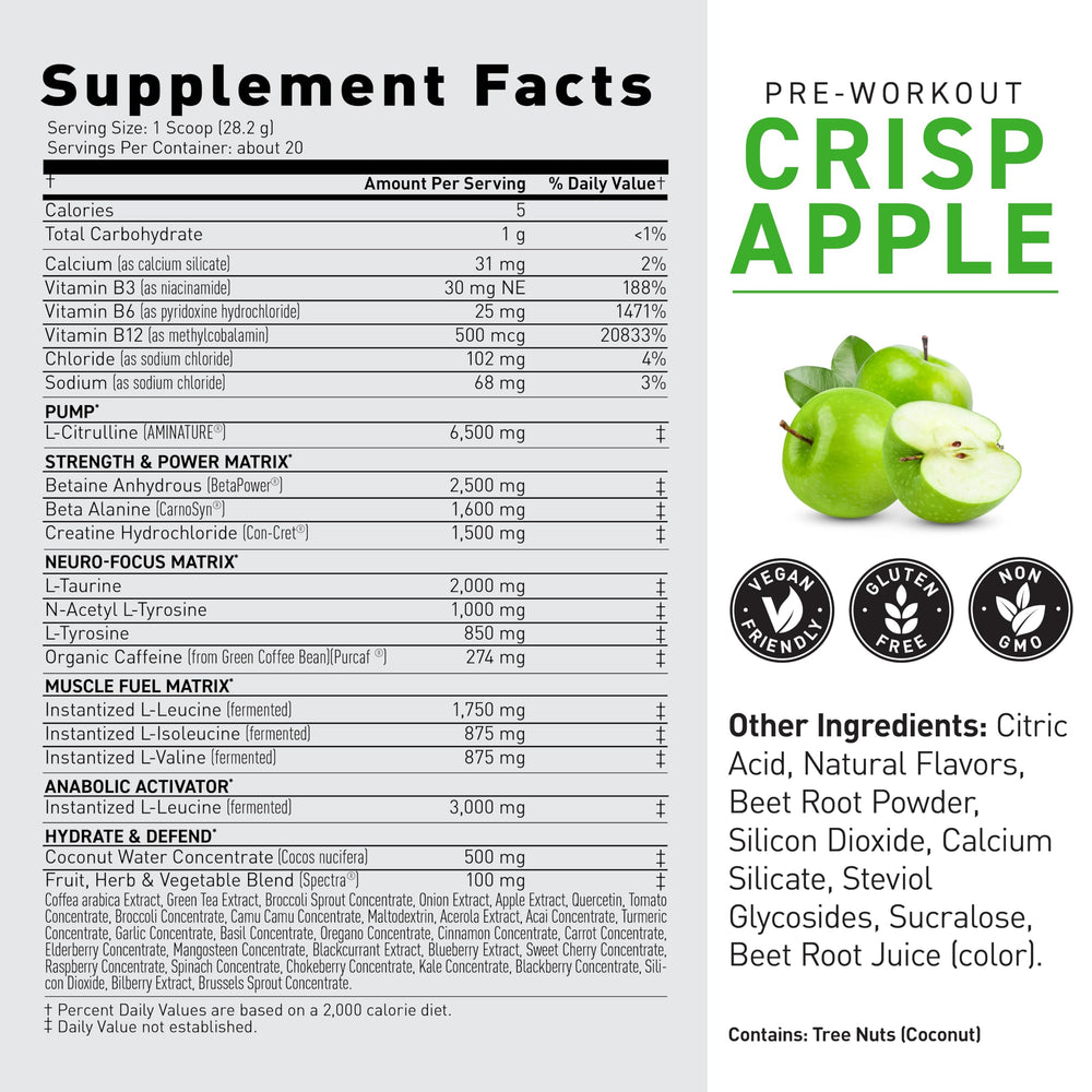 Kaged Krisp Apple ingredients panel notes PurCaf caffeine and BCAAs.
