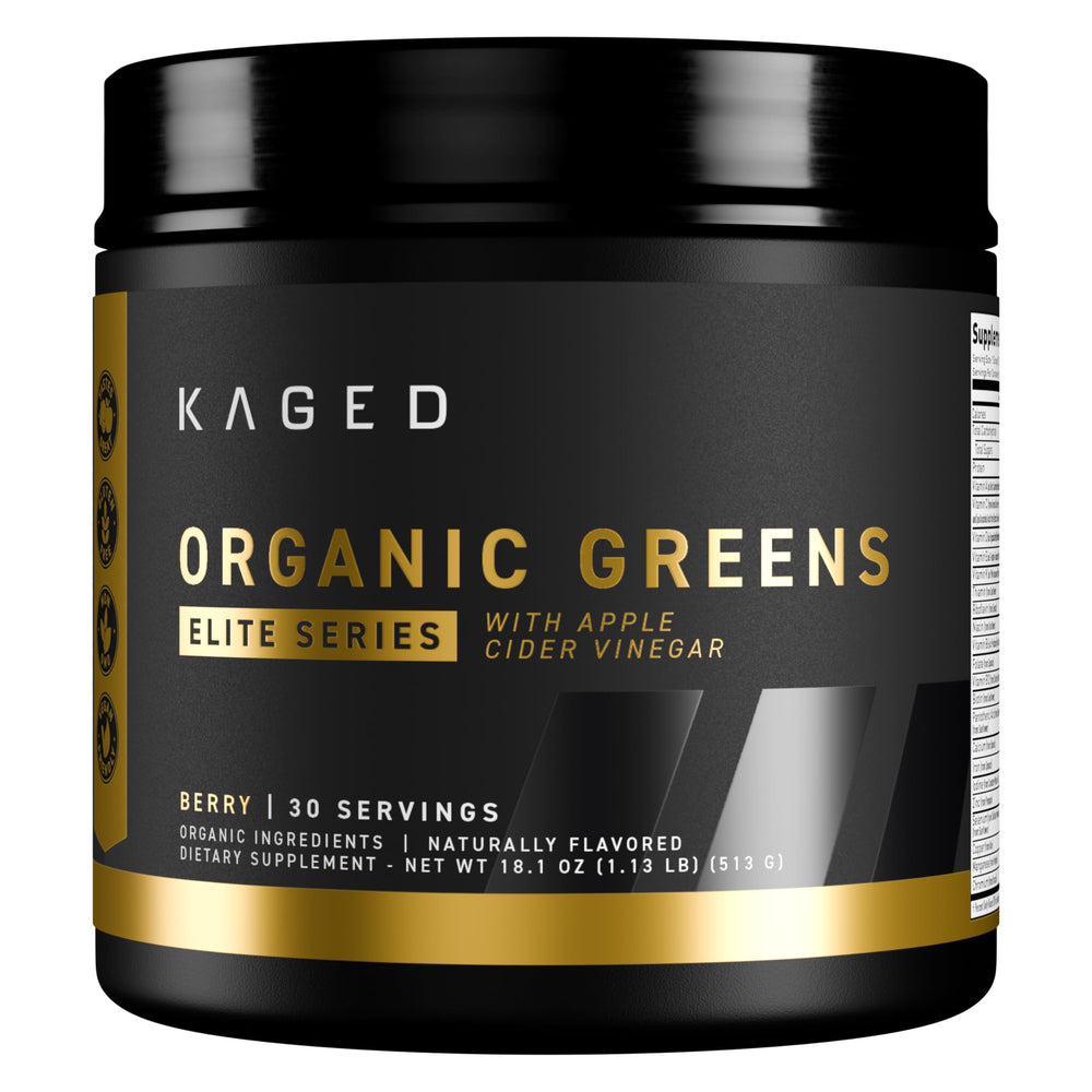 Kaged Organic Greens Elite Berry bottle shown for daily nutrition and convenience