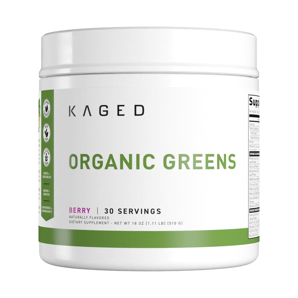 Kaged Outlive100 Berry bottle front showing fresh greens profile and branding