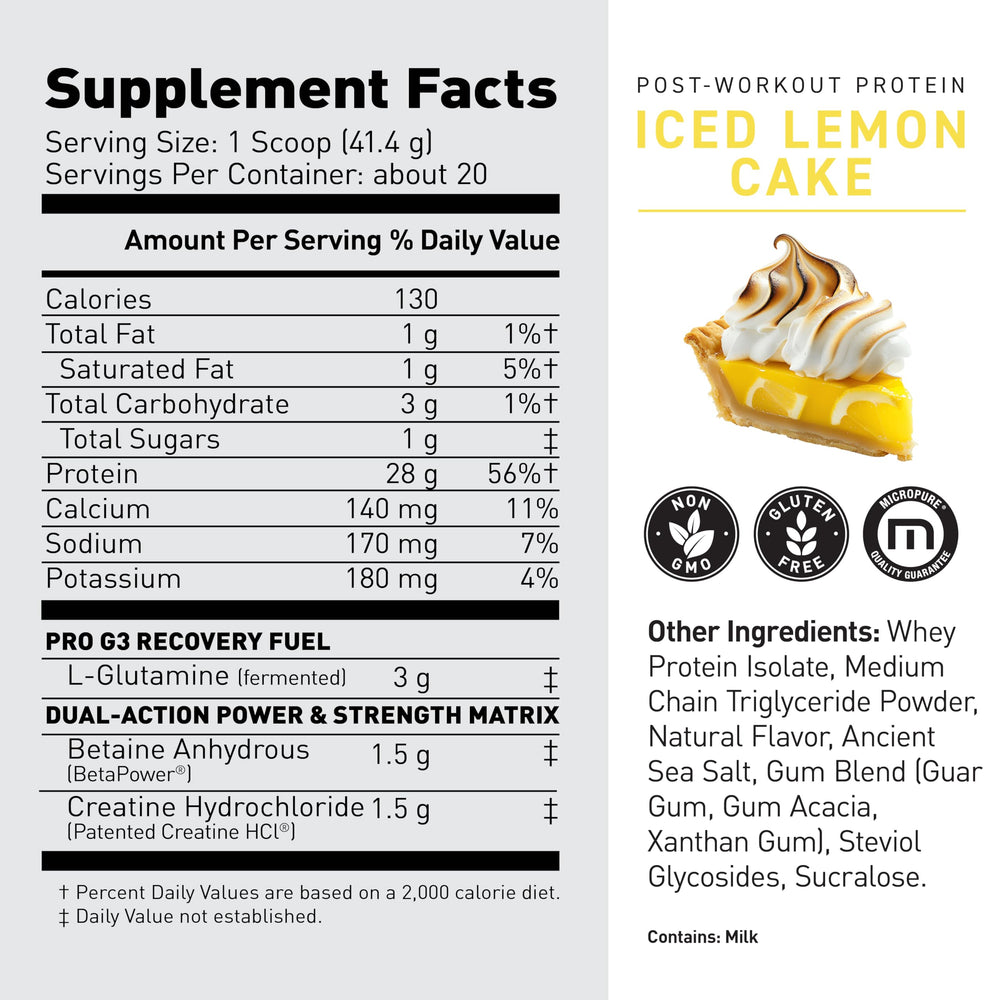 Kaged Post Workout Protein Iced Lemon Cake tub label showing 20 servings