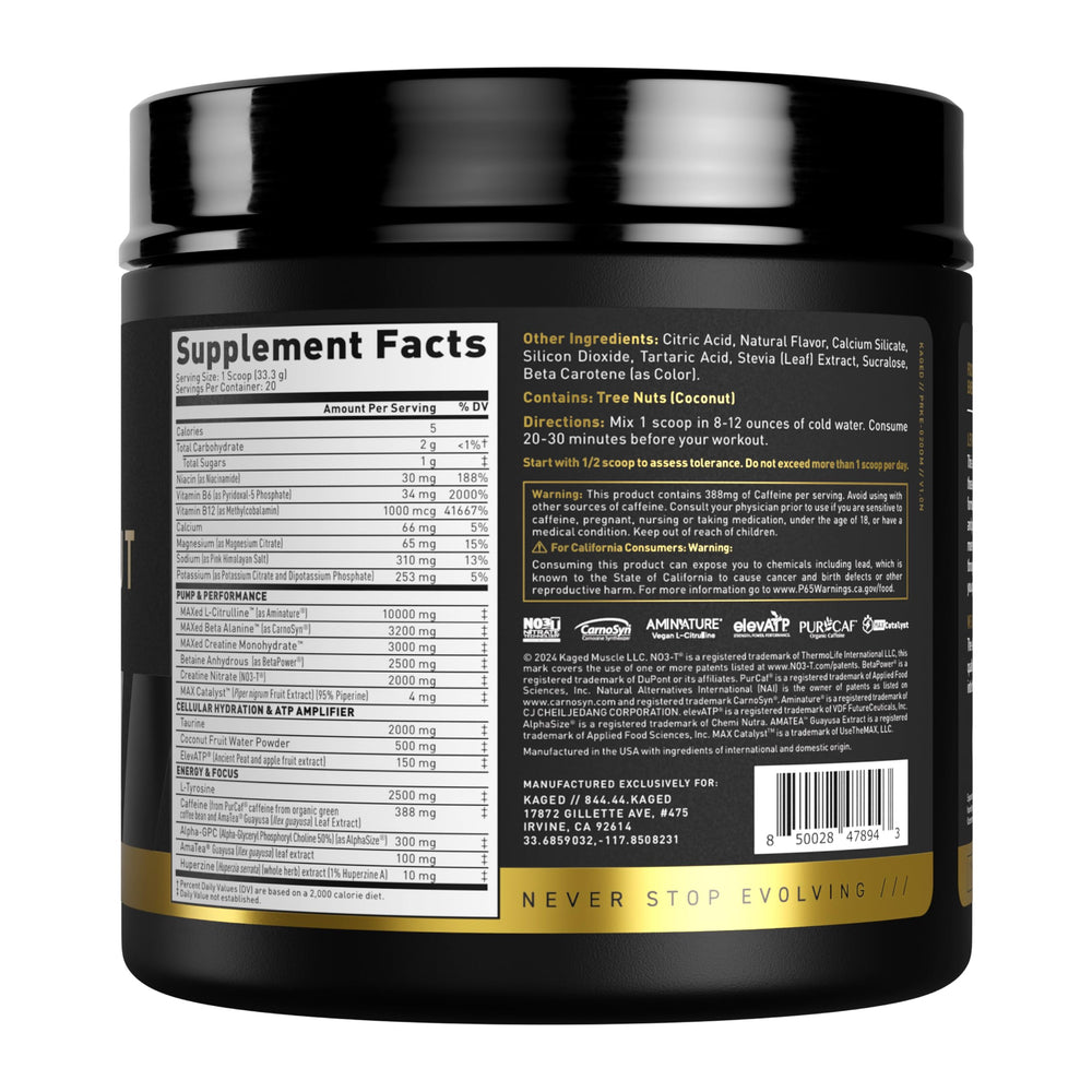 Kaged Pre Workout Elite ingredients panel showcasing BCAAs and caffeine blend