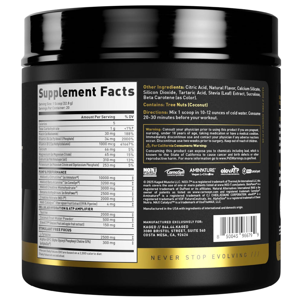 Kaged Pre-Workout Elite usage guide card shows simple pre-workout ritual.