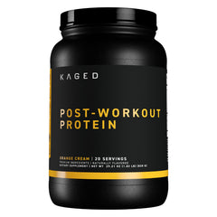 Kaged Post Workout Protein orange cream tub closeup highlighting 28g protein per serving.