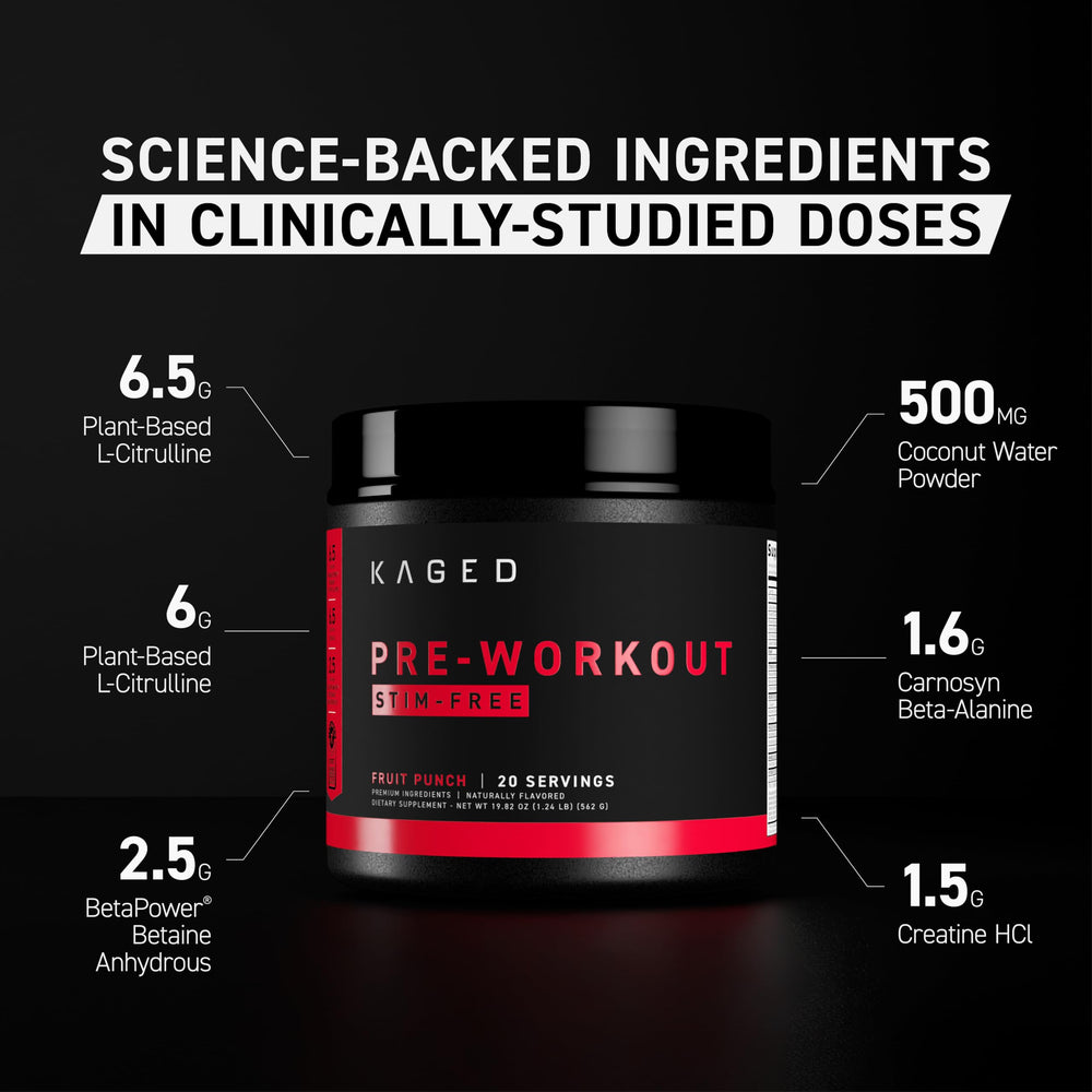 Kaged stimulant-free pre-workout fruit punch pour showing quick mix before training.