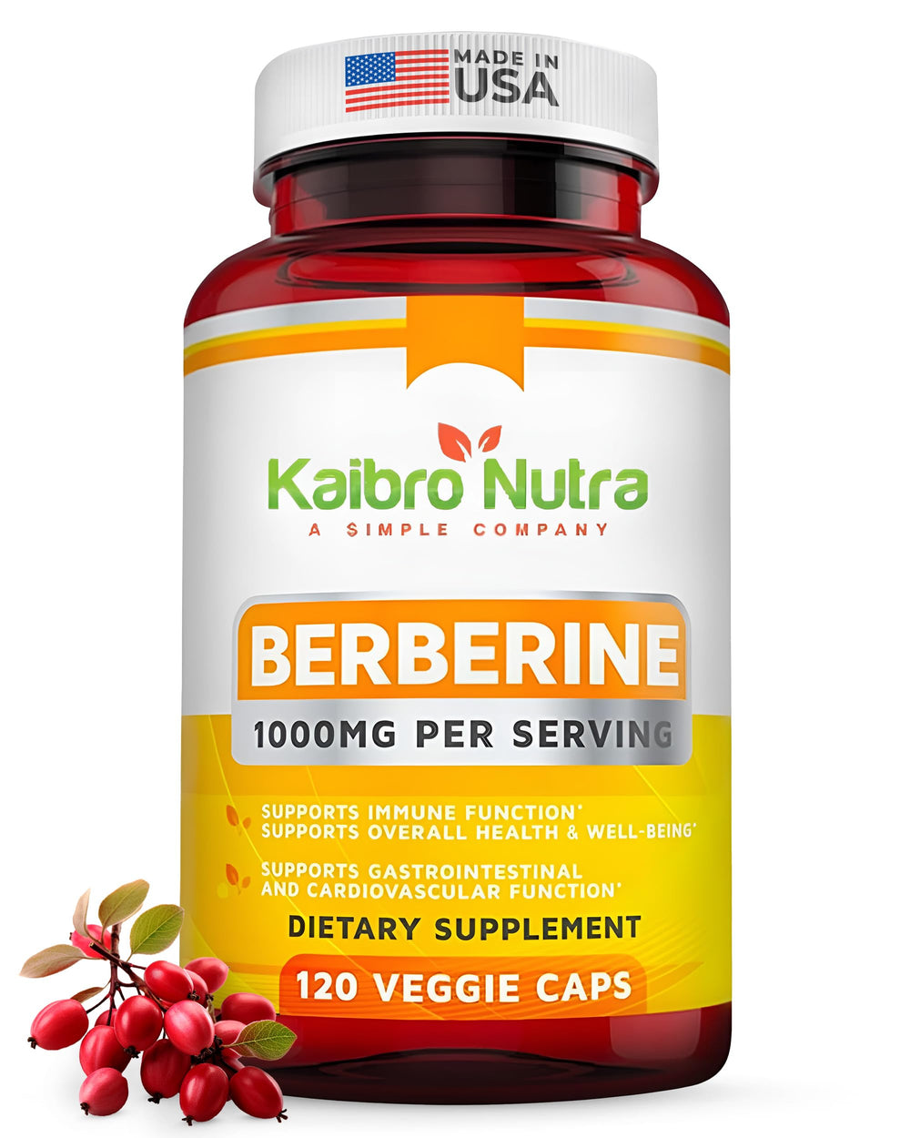 Kaibro Nutra Berberine 1000mg bottle for immune and digestive support.
