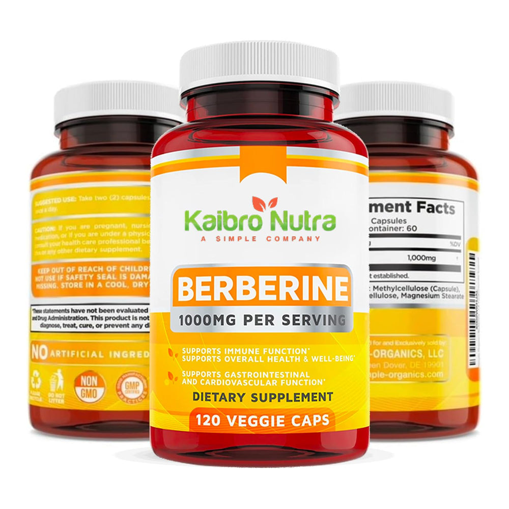 Kaibro Nutra Berberine bottle pour showing easy-to-take capsules for daily use.