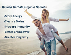 Haritaki powder packaging with USDA Organic seal from Kailash Herbals.