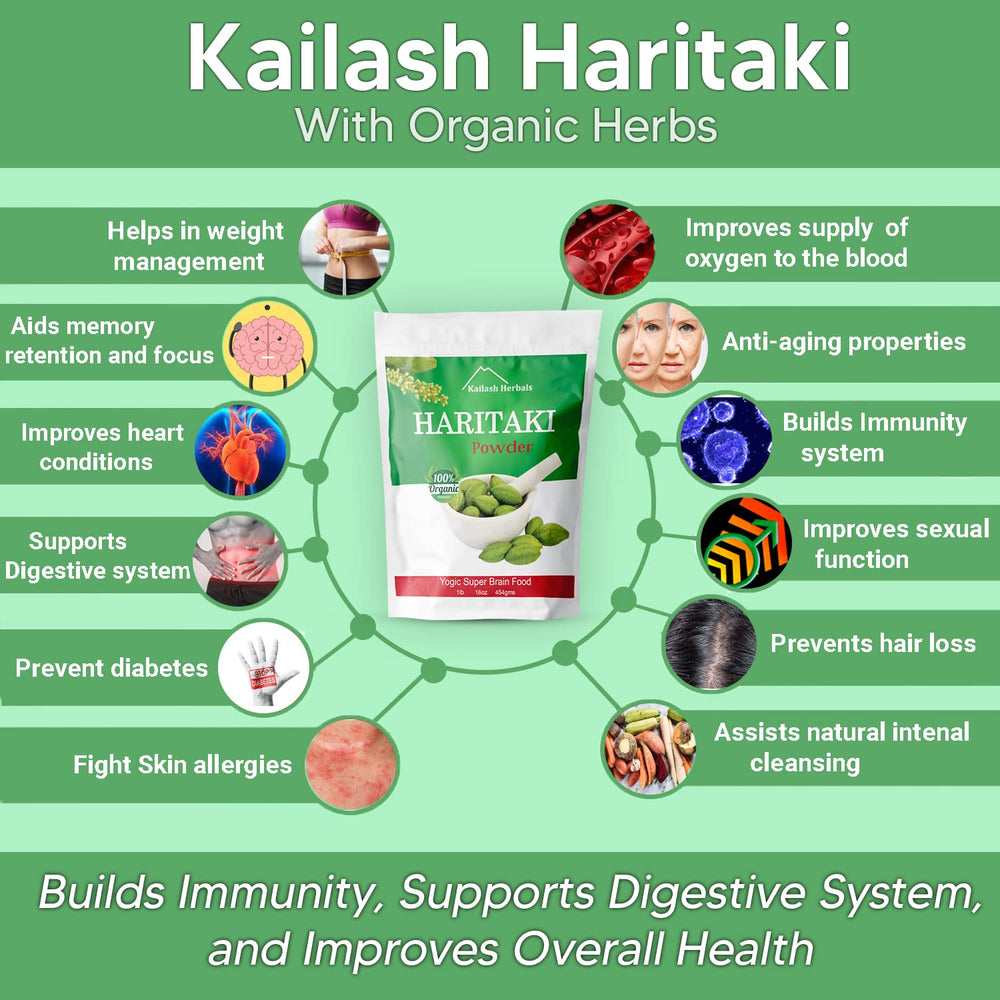 Organic Haritaki powder tin from Kailash Herbals on a clean surface.