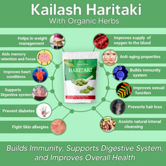Organic Haritaki powder tin from Kailash Herbals on a clean surface.
