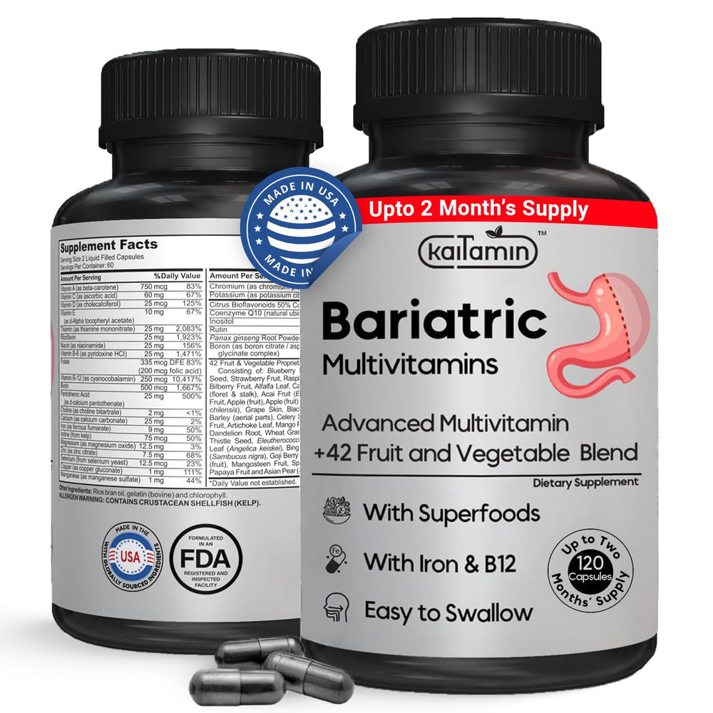 Kaitamin bariatric multivitamin bottle shows post-surgery support and easy daily use.