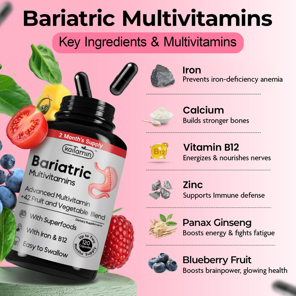 Kaitamin bariatric multivitamin capsules demonstrate gentle iron delivery for energy during recovery.