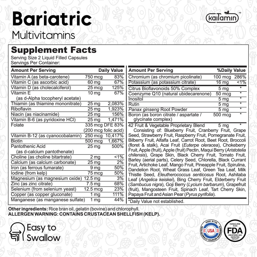 Kaitamin multivitamin daily-dose scene highlights comprehensive post-bariatric nutrition.