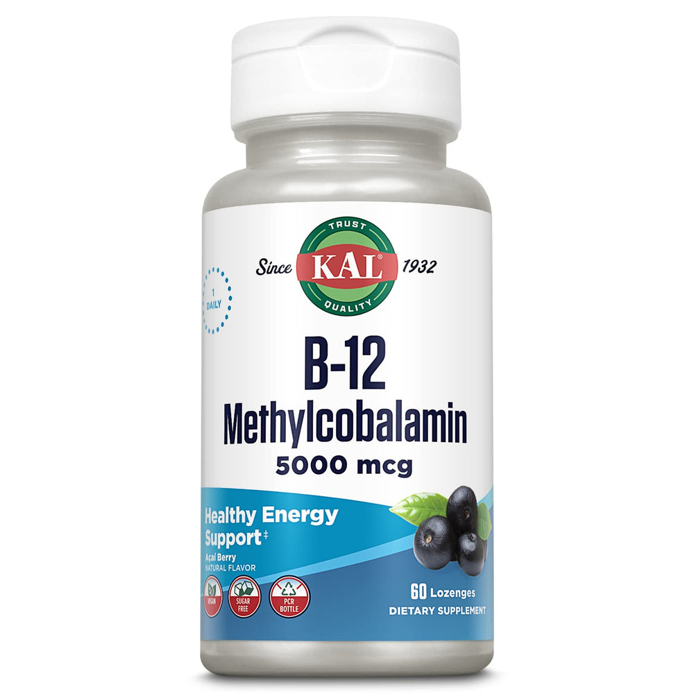 KAL B-12 methylcobalamin lozenges bottle showing high potency for daily energy support