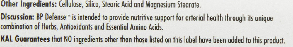 KAL BP Defense bottle closeup showing Hawthorn and Pycnogenol for heart support.
