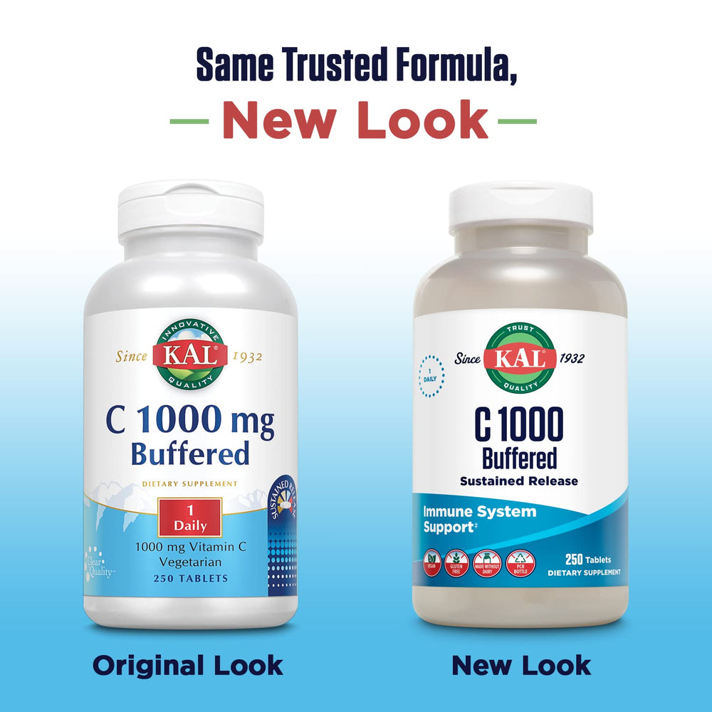 KAL C-1000 buffered tablets bottle label with sustained release concept