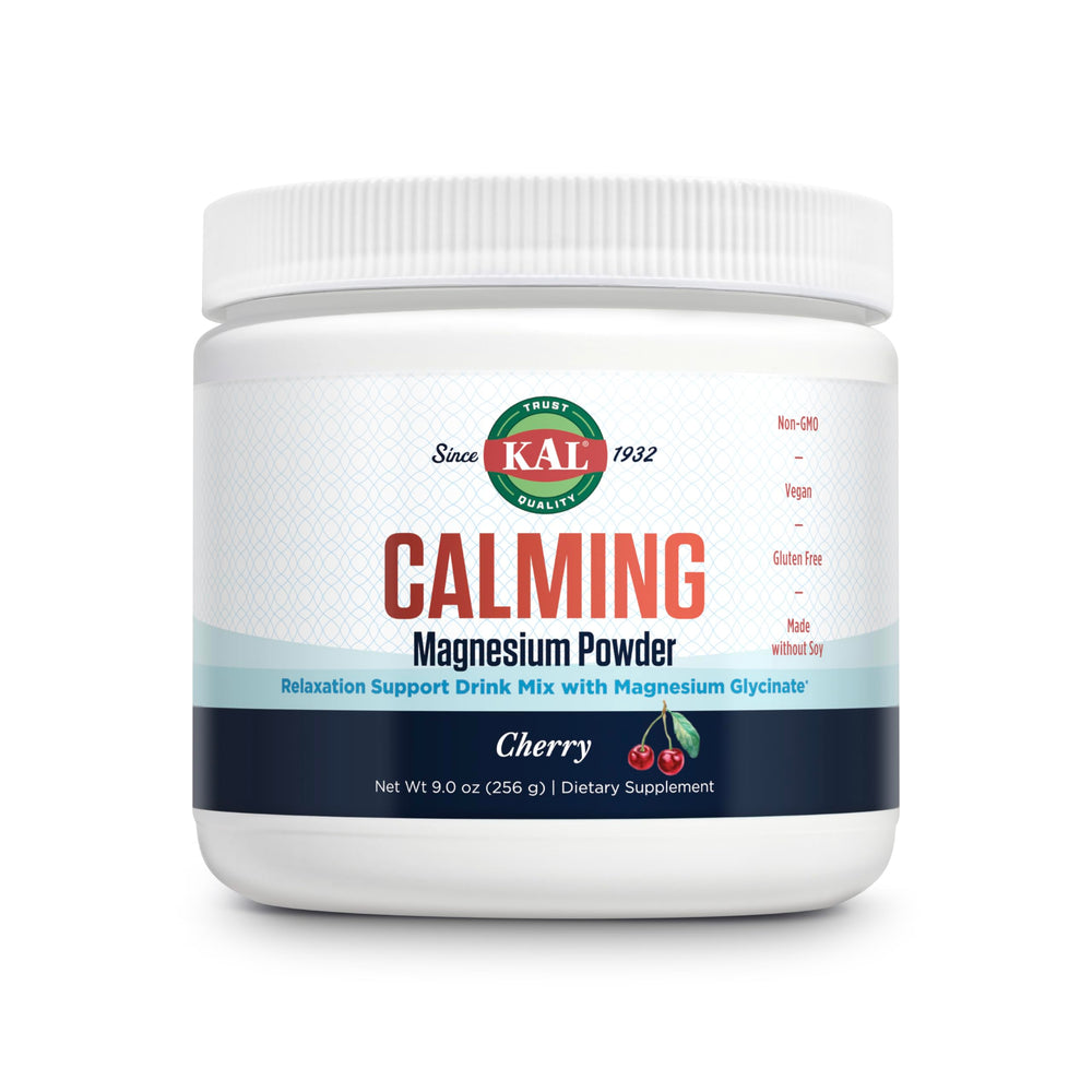 KAL Calming Magnesium Powder cherry flavor bottle promotes relaxation and daily balance