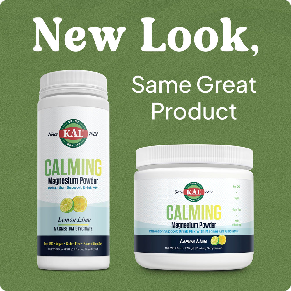 KAL Calming Magnesium Powder label highlights vegan, gluten-free, and soy-free attributes.