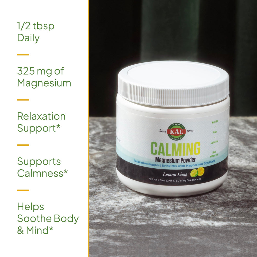 KAL Calming Magnesium Powder pour spout; ready to mix for a soothing beverage.