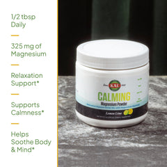 KAL Calming Magnesium Powder pour spout; ready to mix for a soothing beverage.