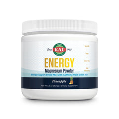 KAL Energy Magnesium Pineapple bottle label highlights energy support from caffeine.