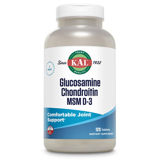 KAL Glucosamine Chondroitin MSM D-3 bottle front signals joint support potential