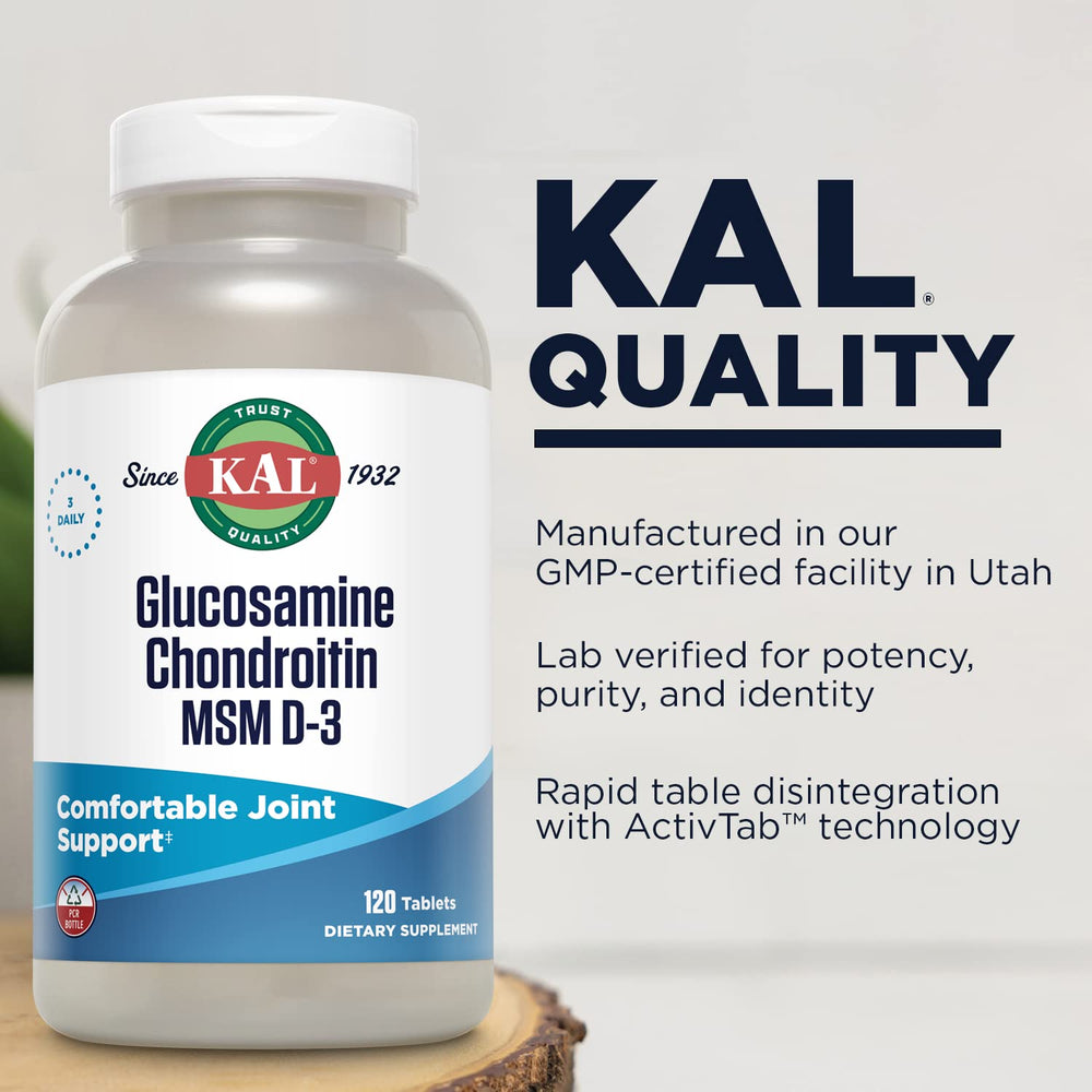 KAL Glucosamine Chondroitin MSM D-3 label shows key ingredients and dosages