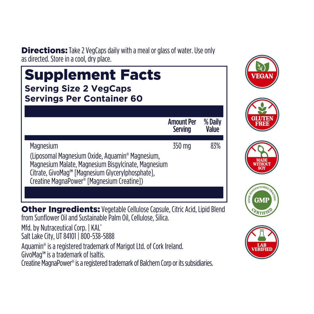 Close-up of the KAL Magnesium Complex 7 label highlighting seven forms for a full-spectrum mineral profile.