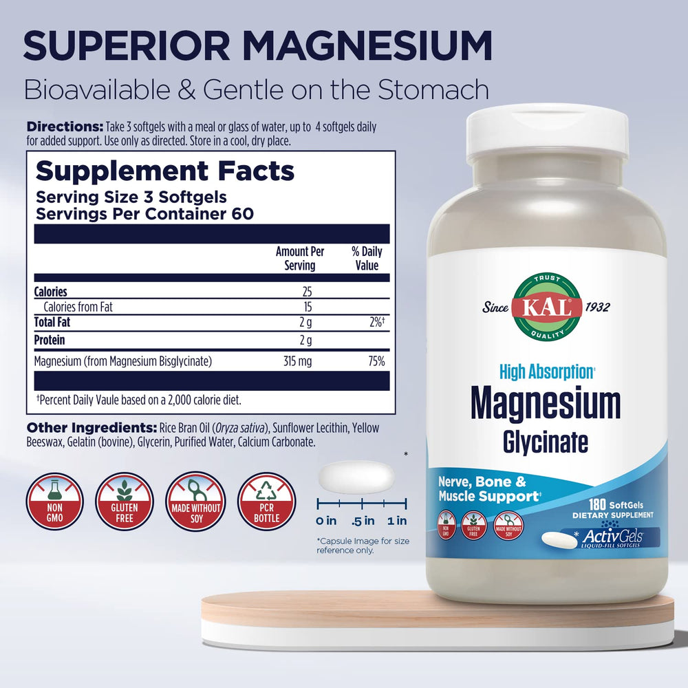 KAL Magnesium Glycinate ActivGels softgels close-up highlighting smooth texture