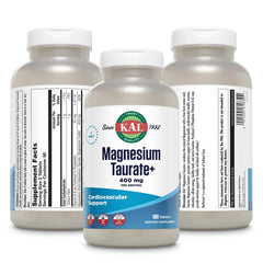 KAL Magnesium Taurate Plus label detail shows vegan, gluten-free, non-GMO formula.