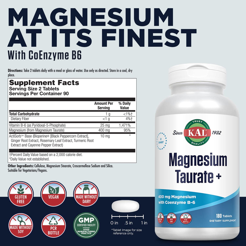KAL Magnesium Taurate Plus tablets close-up for daily dosing.