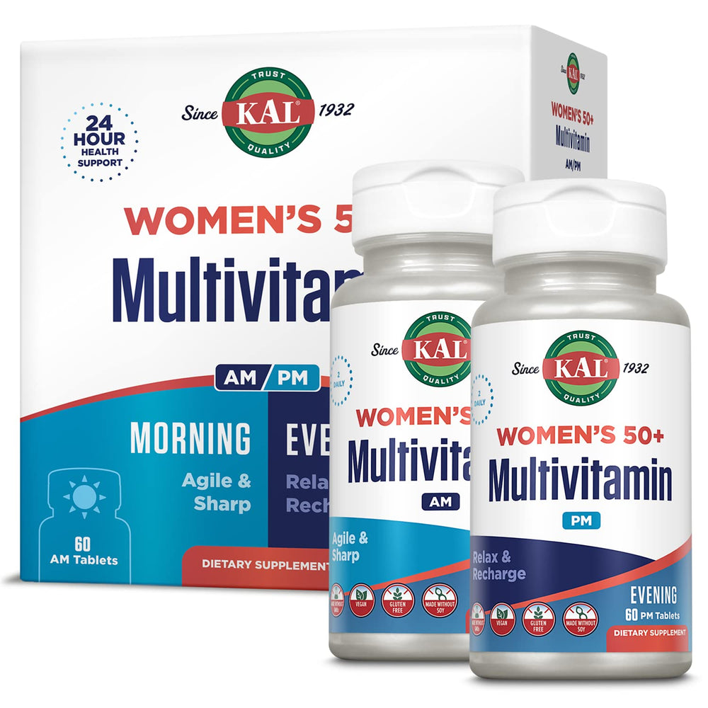 KAL Plus 50+ bottle front showing dual AM/PM formulas for daily support.