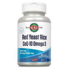 KAL Red Yeast Rice COQ10 Omega-3 softgels bottle front for convenient daily wellness.