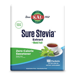 Kal Sure Stevia Plus Monk Fruit packets in a box for convenient zero-calorie sweetness.