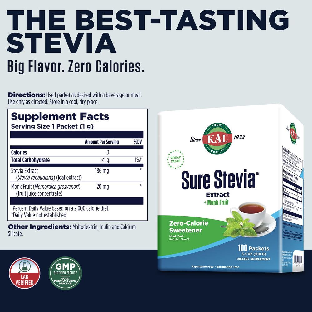 Kal Sure Stevia Plus Monk Fruit packets dissolving in coffee for quick, clean sweetness.