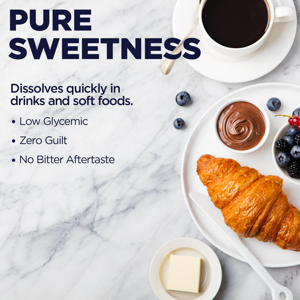 Kal Sure Stevia Plus Monk Fruit powder shown dissolving for zero-calorie flavor in beverages.