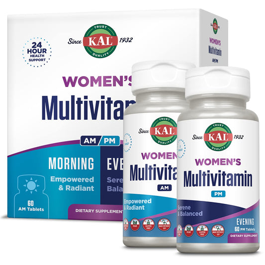 KAL Women's AM/PM bottle front displaying dual formulas for morning energy and evening calm.