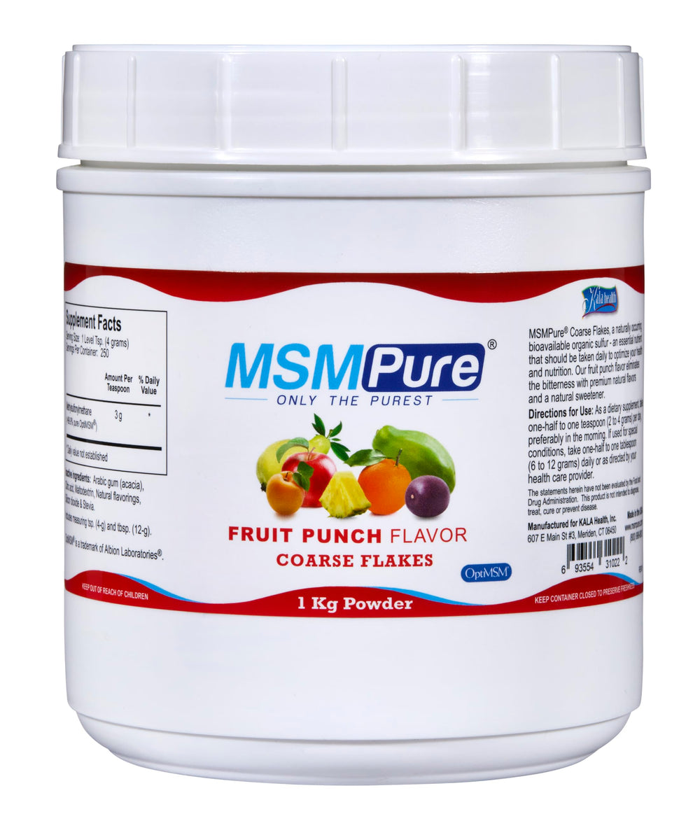 Kala Health MSMPure Fruit Punch flakes in bottle for easy daily dosing.