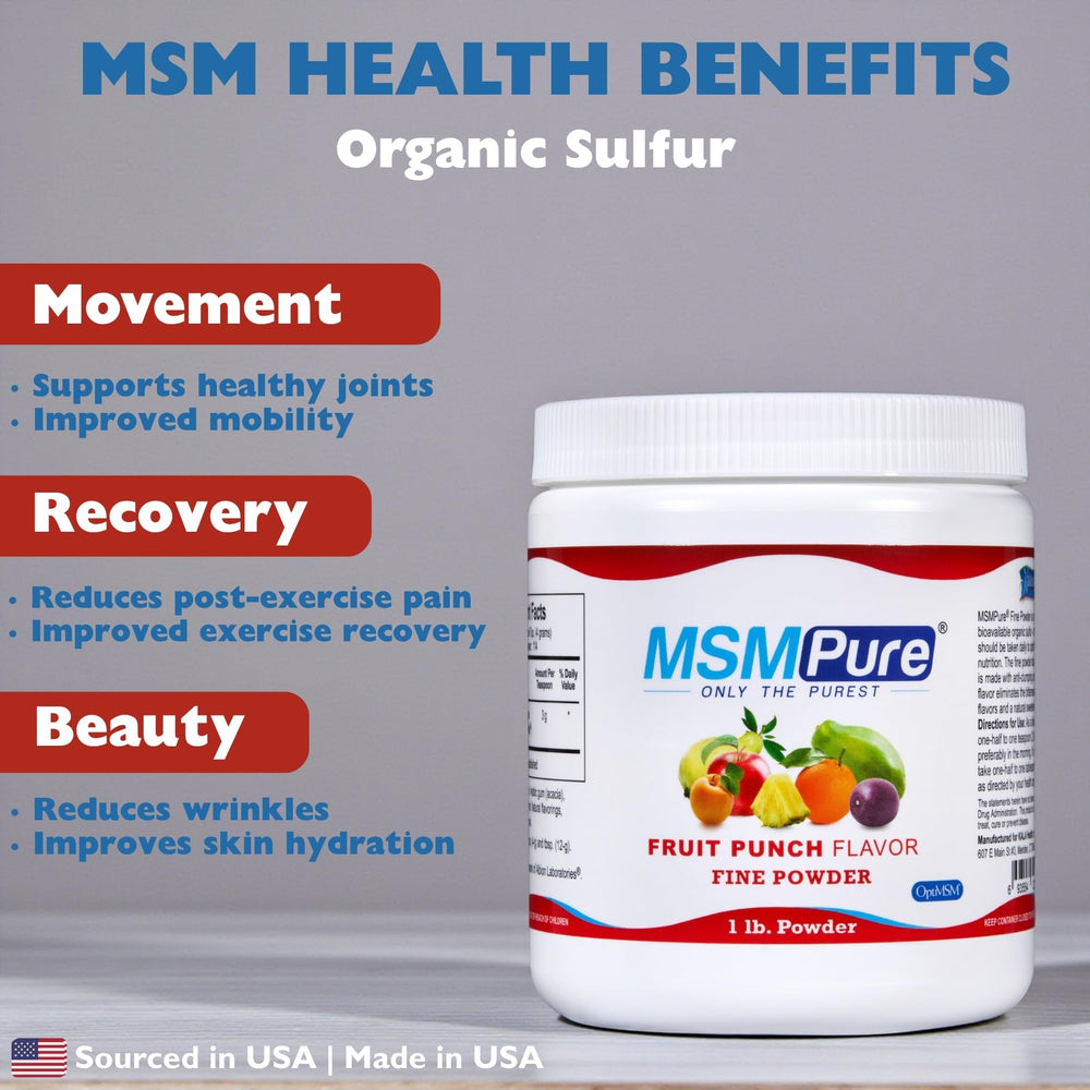 Kala Health MSMPure fruit punch powder close-up showing fine crystals.