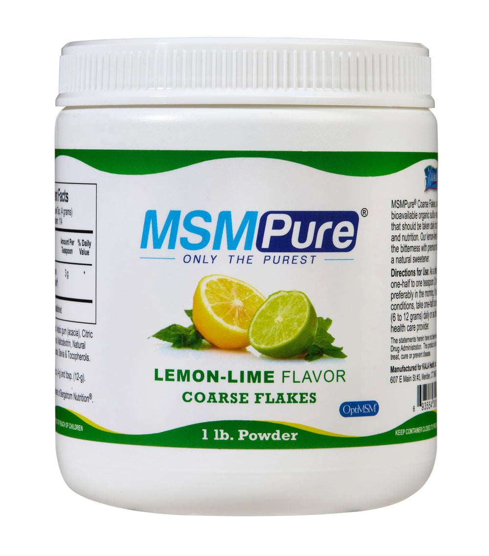 Kala Health MSMPure lemon-lime flakes label front highlights pure USA-made MSM benefits for joints and skin