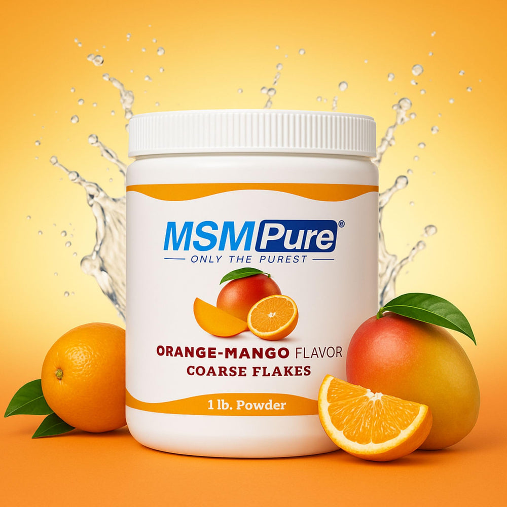 KALA HEALTH MSMPure orange mango flakes close-up highlights coarse texture.