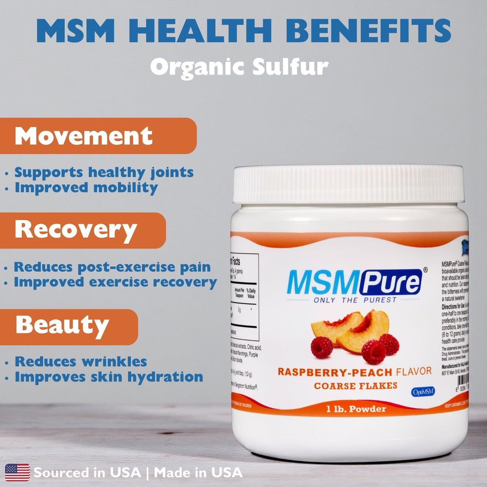 KALA HEALTH MSMPure jar highlights OptiMSM purity and USA made quality.