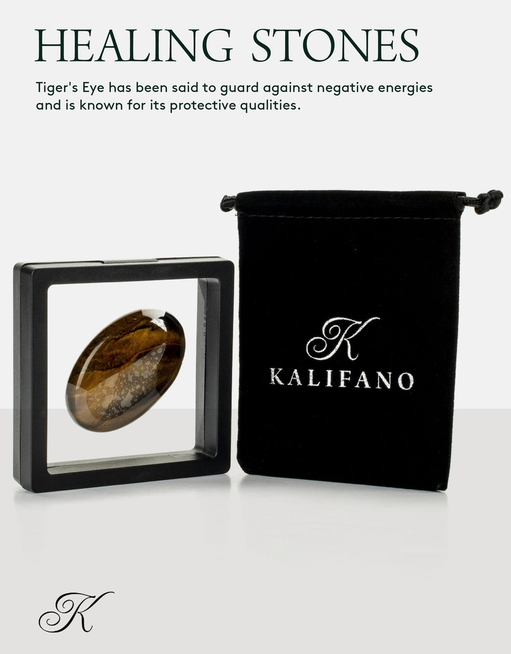 KALIFANO Tiger Eye palm stone in hand highlights size, texture, and calming presence.