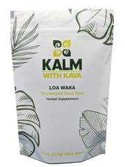 KALM Kava Loa Waka micronized powder bottle for easy, mess-free relaxation
