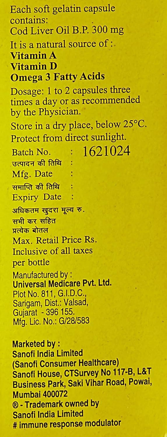Kalyani SevenSeas bottle with capsules for omega-3 and vitamins A and D.
